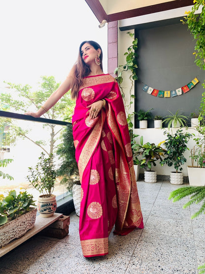 Pink Banarasi Pure Soft Semi Silk Saree With Unstiched Attractive Blouse Piece