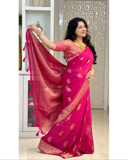 Pink Pure Soft Semi Silk Saree With Attractive Blouse Piece