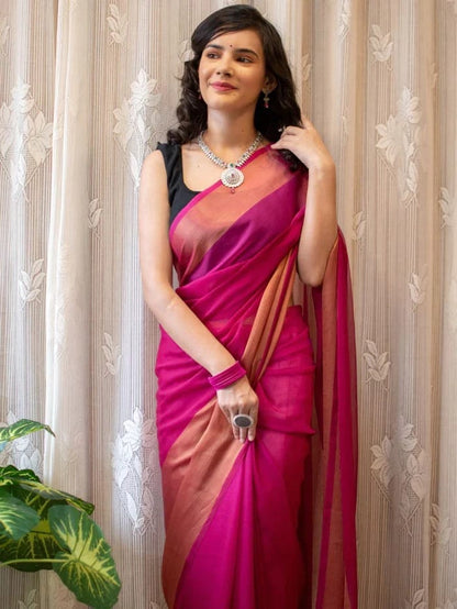 Pink Ready to Wear Chiffon Saree With Unstitched Blouse Piece