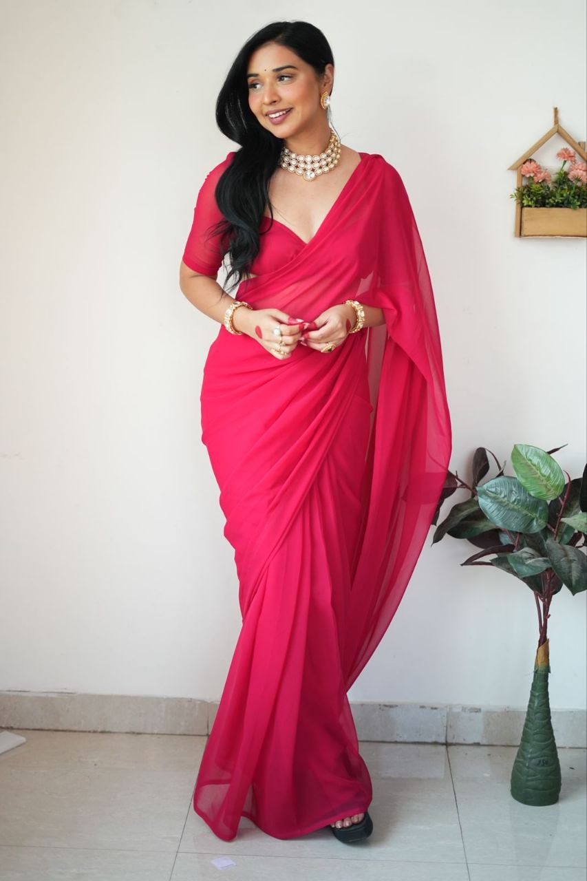 Pink Ready to Wear Georgette Saree With Unstitched Blouse Piece