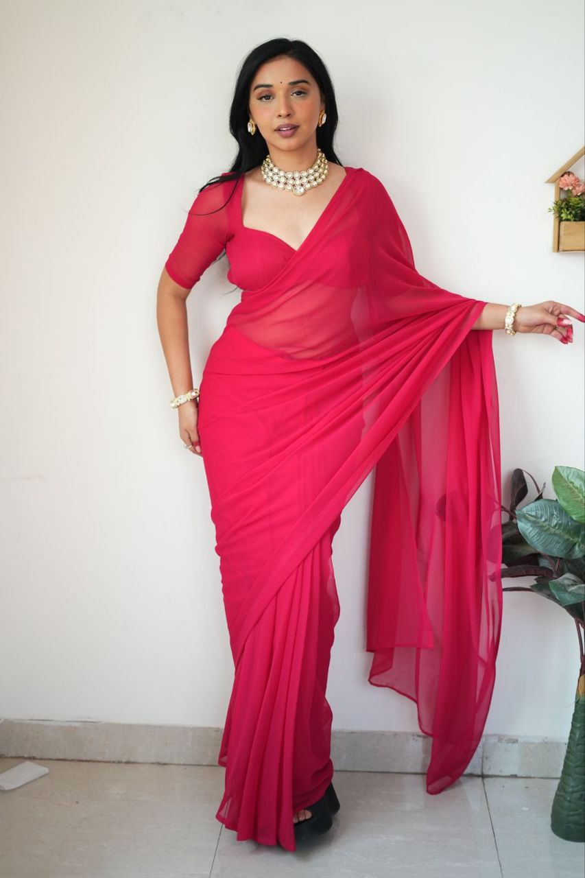 Pink Ready to Wear Georgette Saree With Unstitched Blouse Piece