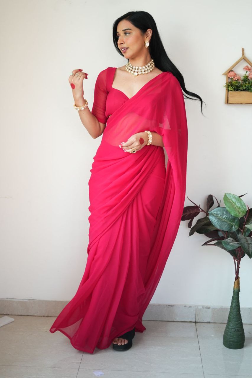 Pink Ready to Wear Georgette Saree With Unstitched Blouse Piece