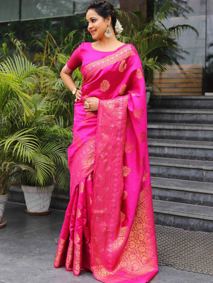 Pink Banarasi Pure Soft Semi Silk Saree With Unstiched Attractive Blouse Piece