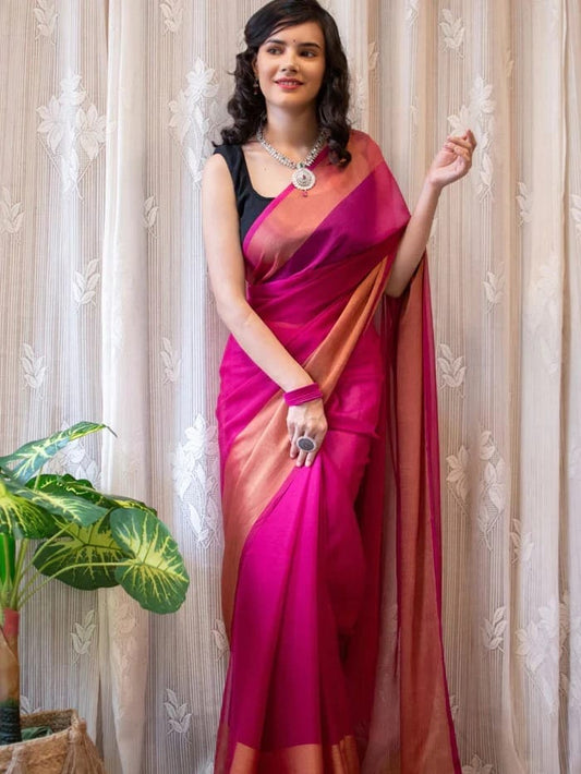 Pink Ready to Wear Chiffon Saree With Unstitched Blouse Piece