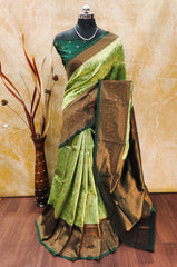 Pista Green Pure Soft Silk Saree With Engrossing Blouse Piece