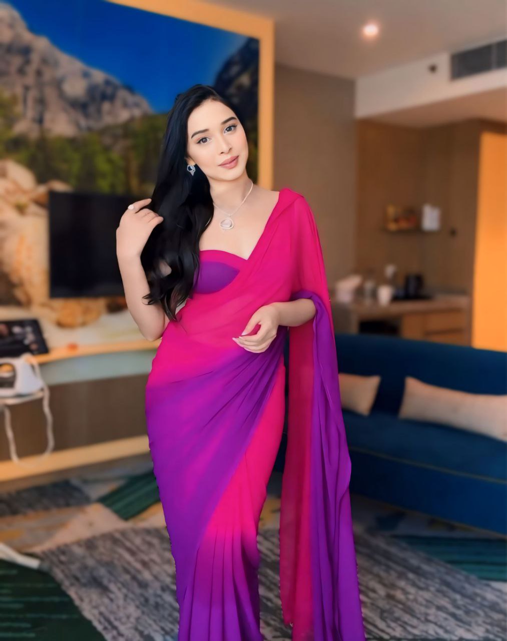 Purple Pink Ready to Wear Georgette Saree With Unstitched Blouse Piece