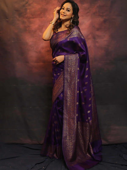 Purple Banarasi Pure Soft Semi Silk Saree With Unstiched Attractive Blouse Piece