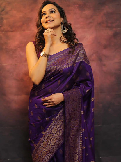 Purple Banarasi Pure Soft Semi Silk Saree With Unstiched Attractive Blouse Piece