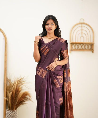 Purple Kanjivaram Pure Soft Semi Silk Saree With Unstiched Attractive Blouse Piece