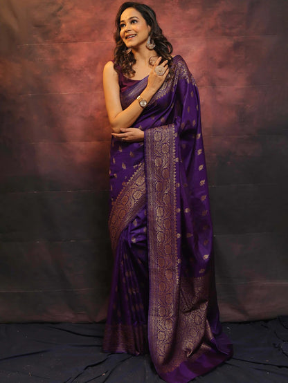 Purple Banarasi Pure Soft Semi Silk Saree With Unstiched Attractive Blouse Piece