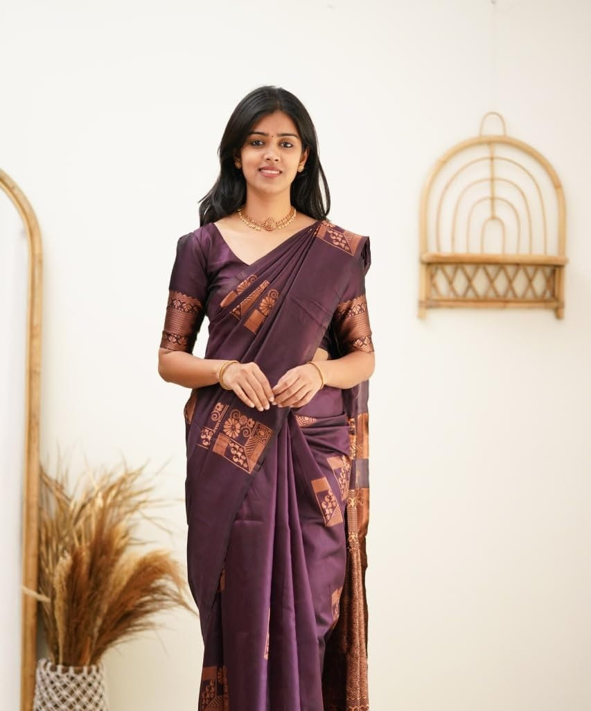 Purple Kanjivaram Pure Soft Semi Silk Saree With Unstiched Attractive Blouse Piece