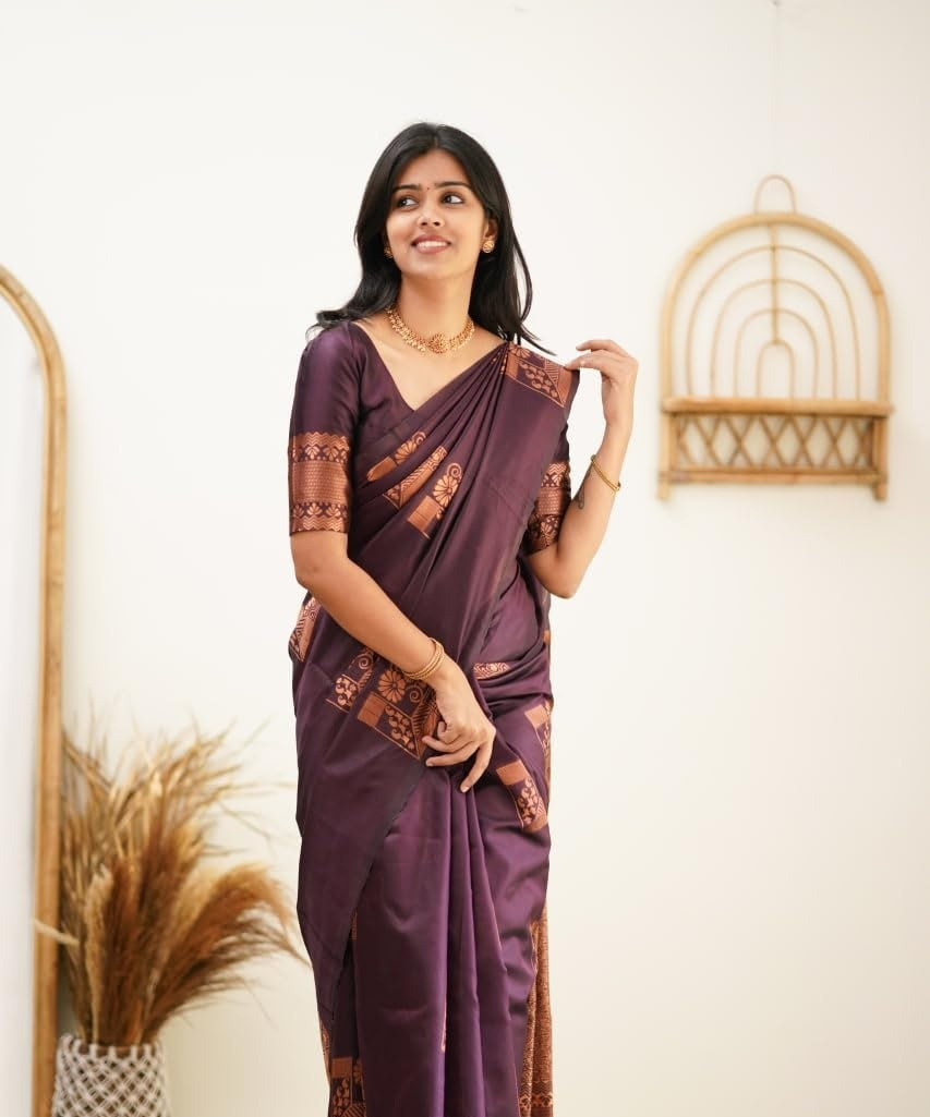 Purple Kanjivaram Pure Soft Semi Silk Saree With Unstiched Attractive Blouse Piece