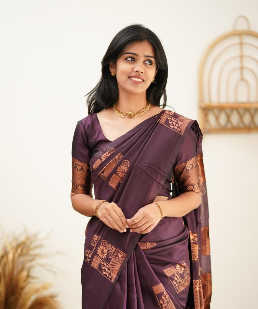 Purple Kanjivaram Pure Soft Semi Silk Saree With Unstiched Attractive Blouse Piece