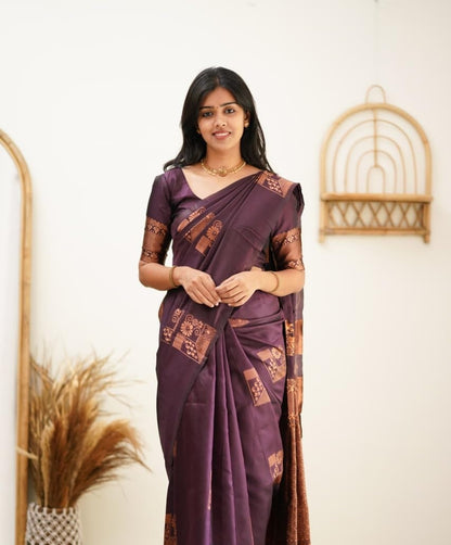 Purple Kanjivaram Pure Soft Semi Silk Saree With Unstiched Attractive Blouse Piece