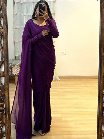 Purple Ready to Wear Georgette Saree With Unstitched Blouse Piece