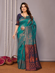 Rama Neavy Pure Soft Silk Saree With Twirling Blouse Piece