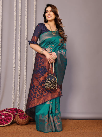 Rama Neavy Pure Soft Silk Saree With Twirling Blouse Piece