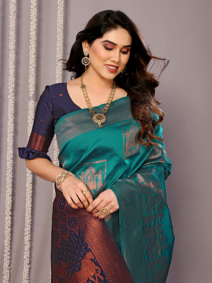 Rama Neavy Pure Soft Silk Saree With Twirling Blouse Piece