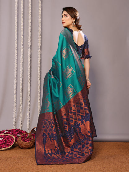 Rama Neavy Pure Soft Silk Saree With Twirling Blouse Piece