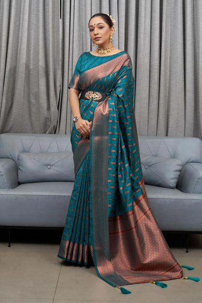 Rama Kanjivaram Pure Soft Semi Silk Saree With Unstiched Attractive Blouse Piece