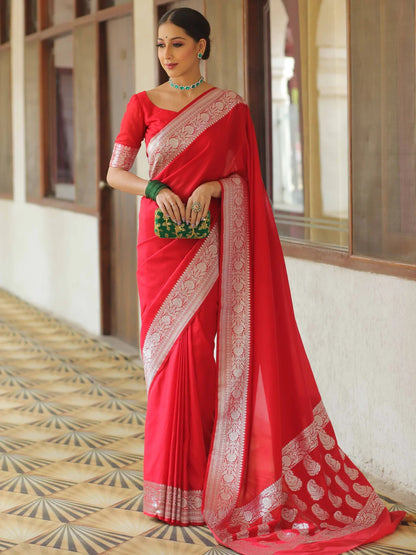 Red Pure Soft Semi Silk Saree With Attractive Blouse Piece