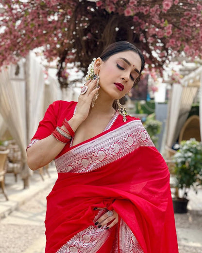 Red Combination Pure Soft Semi Silk Saree With Attractive Blouse Piece (Copy)