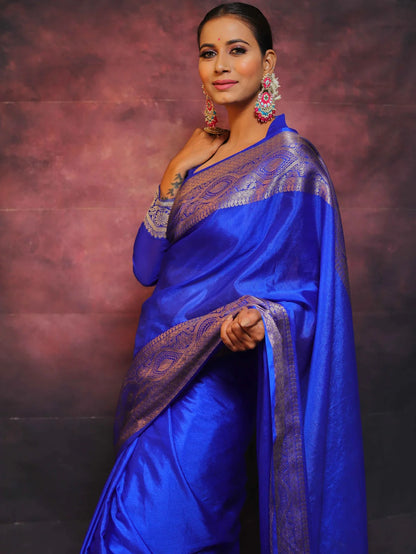 Royal Blue Banarasi Pure Soft Semi Silk Saree With Unstiched Attractive Blouse Piece