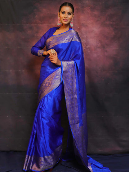 Royal Blue Banarasi Pure Soft Semi Silk Saree With Unstiched Attractive Blouse Piece