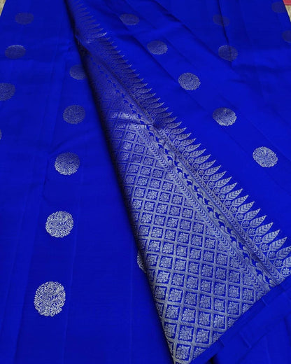 Royal Blue Banarasi Pure Soft Semi Silk Saree With Unstiched Attractive Blouse Piece