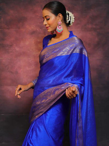 Royal Blue Banarasi Pure Soft Semi Silk Saree With Unstiched Attractive Blouse Piece