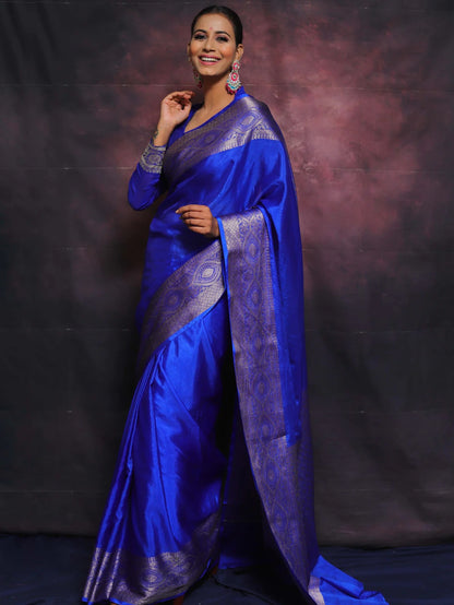 Royal Blue Banarasi Pure Soft Semi Silk Saree With Unstiched Attractive Blouse Piece