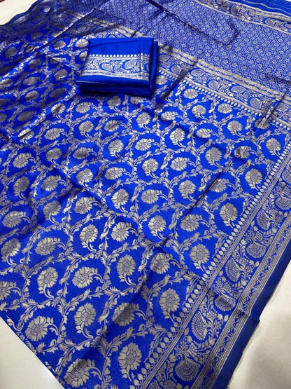 ROYAL Blue Banarasi Pure Soft Semi Silk Saree With Unstiched Attractive Blouse Piece