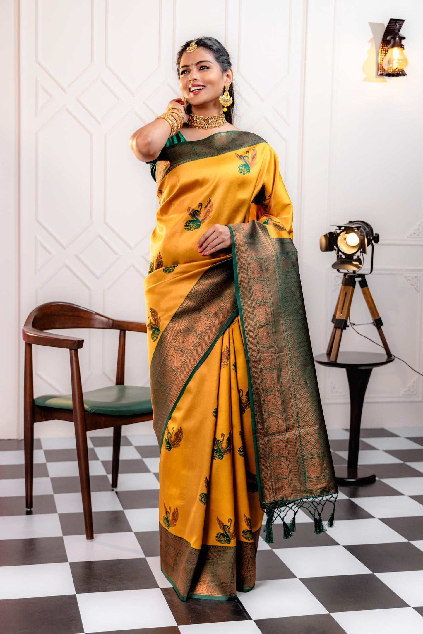 B.Green-Gold Pure Soft Silk Saree With Engrossing Blouse Piece