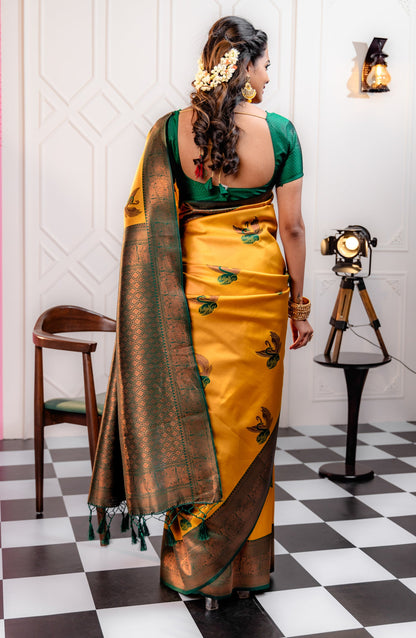 B.Green-Gold Pure Soft Silk Saree With Engrossing Blouse Piece