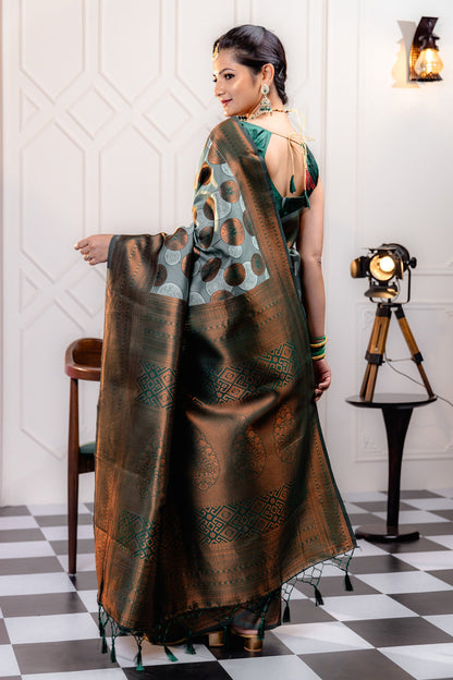 Sky Green Pure Soft Silk Saree With Engrossing Blouse Piece