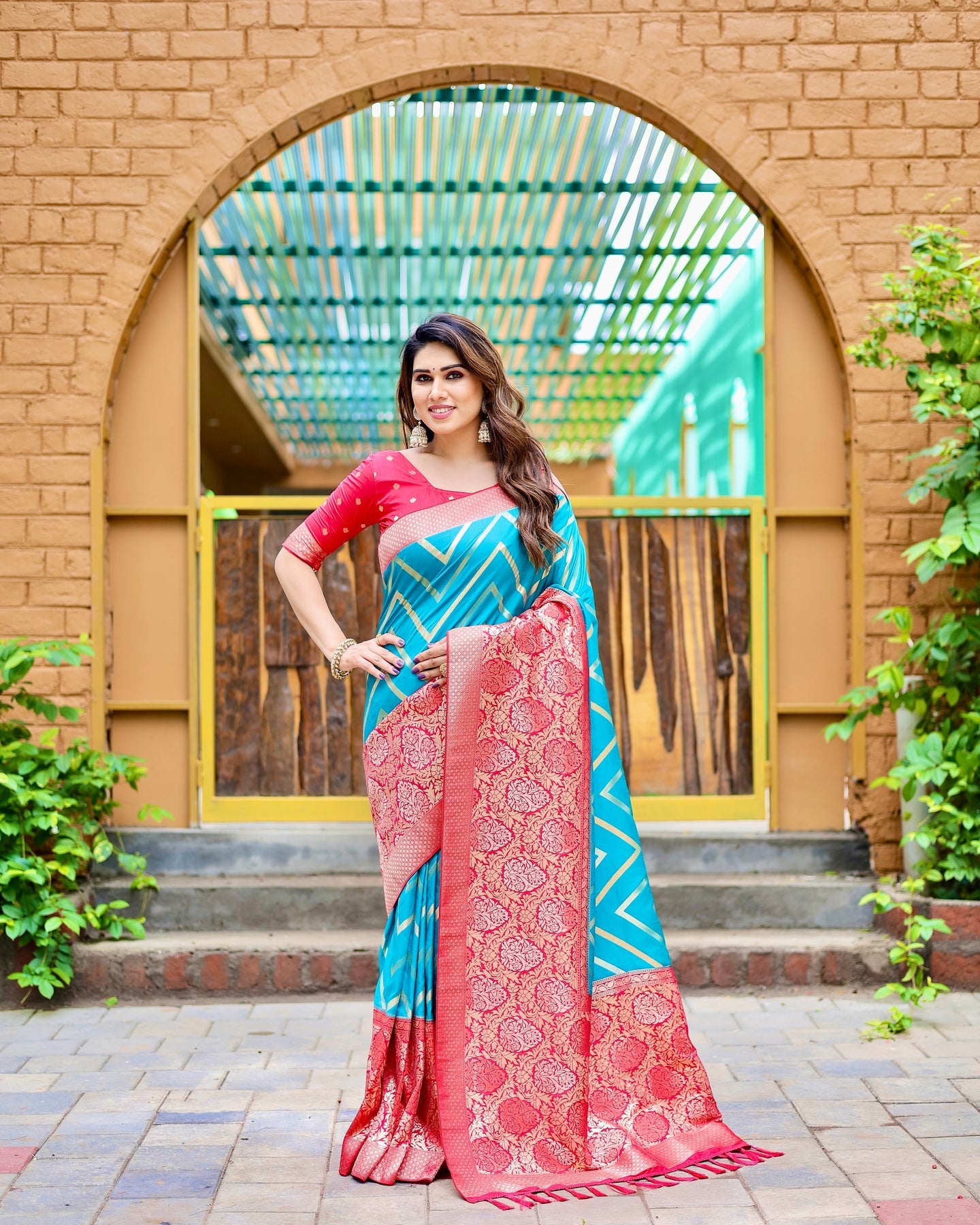 Sky & Pink Banarasi Pure Soft Semi Silk Saree With Unstiched Attractive Blouse Piece