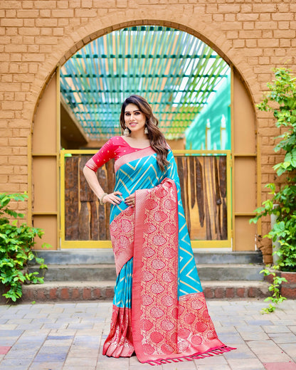 Sky & Pink Banarasi Pure Soft Semi Silk Saree With Unstiched Attractive Blouse Piece