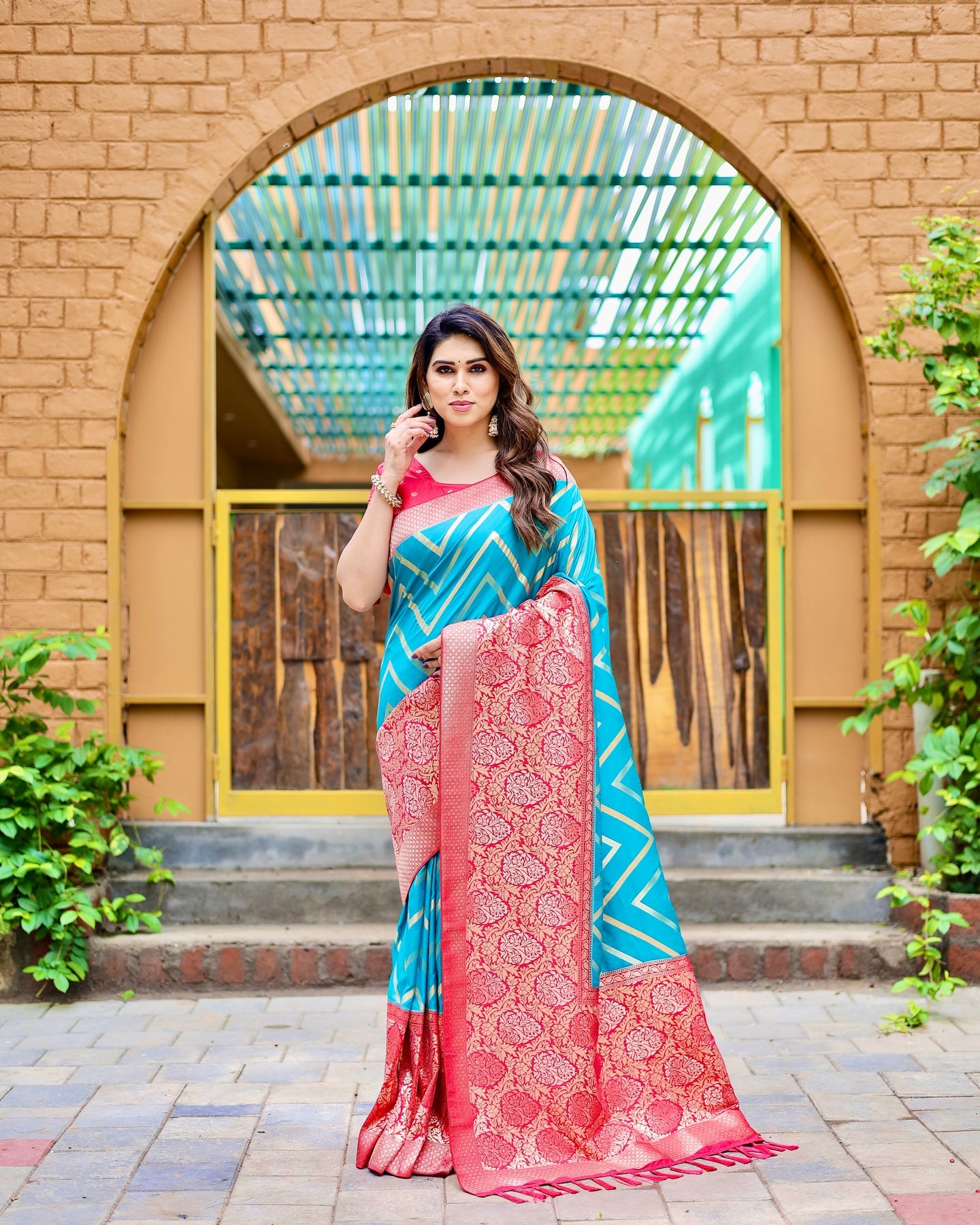 Sky & Pink Banarasi Pure Soft Semi Silk Saree With Unstiched Attractive Blouse Piece