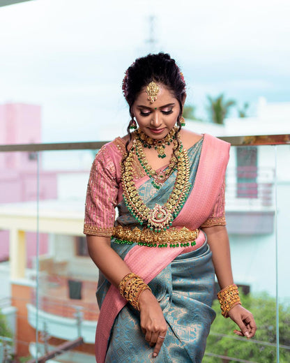 Sky & Pink Kanjivaram Pure Soft Semi Silk Saree With Unstiched Attractive Blouse Piece