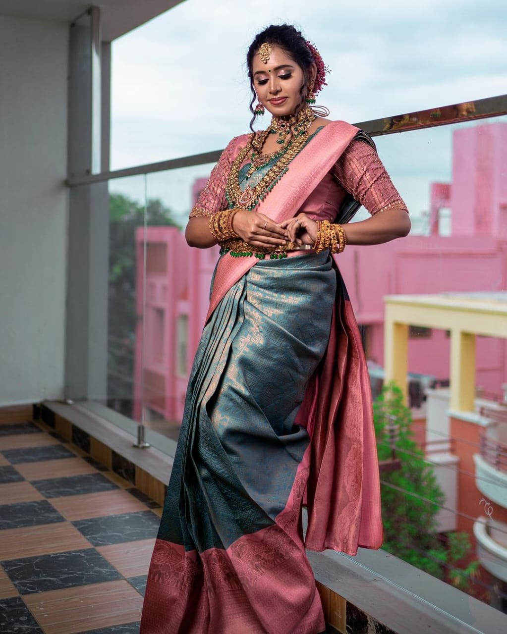 Sky & Pink Kanjivaram Pure Soft Semi Silk Saree With Unstiched Attractive Blouse Piece
