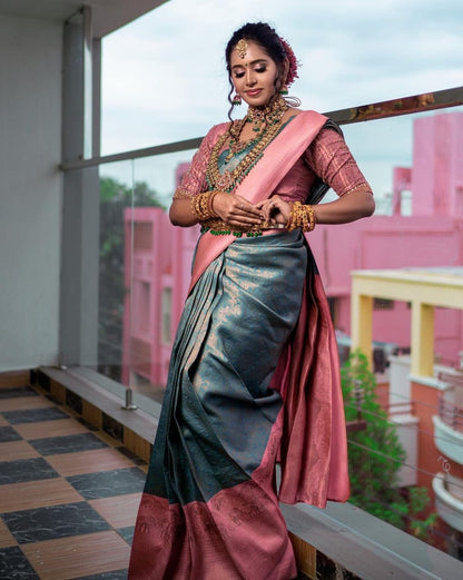 Sky & Pink Kanjivaram Pure Soft Semi Silk Saree With Unstiched Attractive Blouse Piece