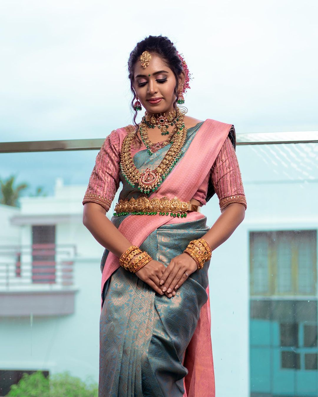 Sky & Pink Kanjivaram Pure Soft Semi Silk Saree With Unstiched Attractive Blouse Piece