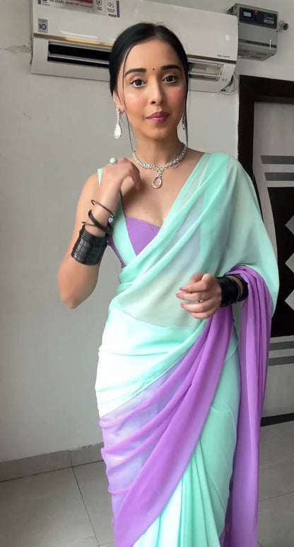 Sky Purple Ready to Wear Georgette Saree With Unstitched Blouse Piece