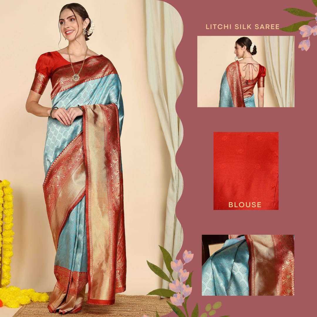 Sky Red Pure Soft Silk Saree With Engrossing Blouse Piece