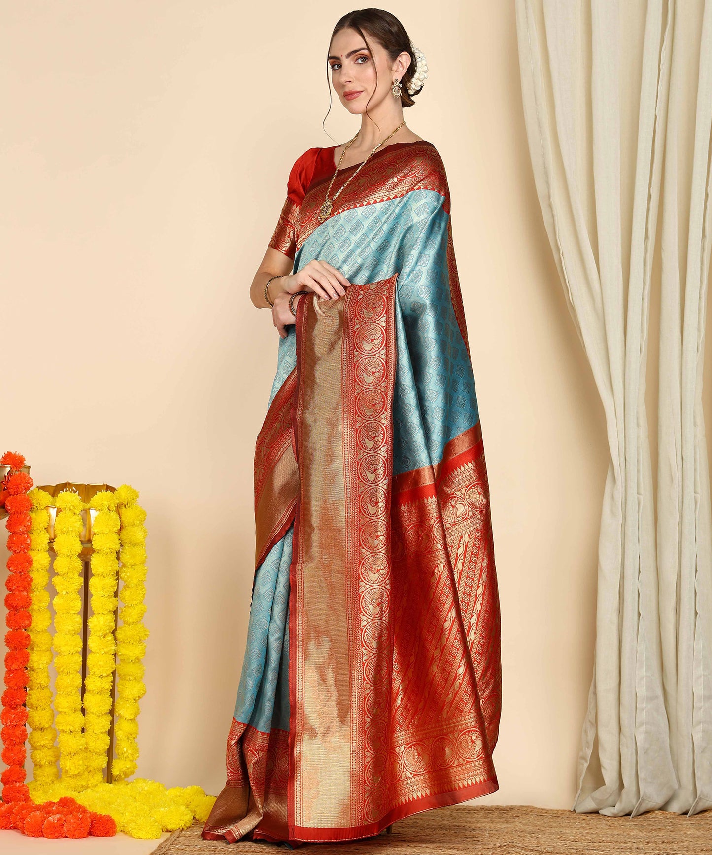 Sky Red Pure Soft Silk Saree With Engrossing Blouse Piece