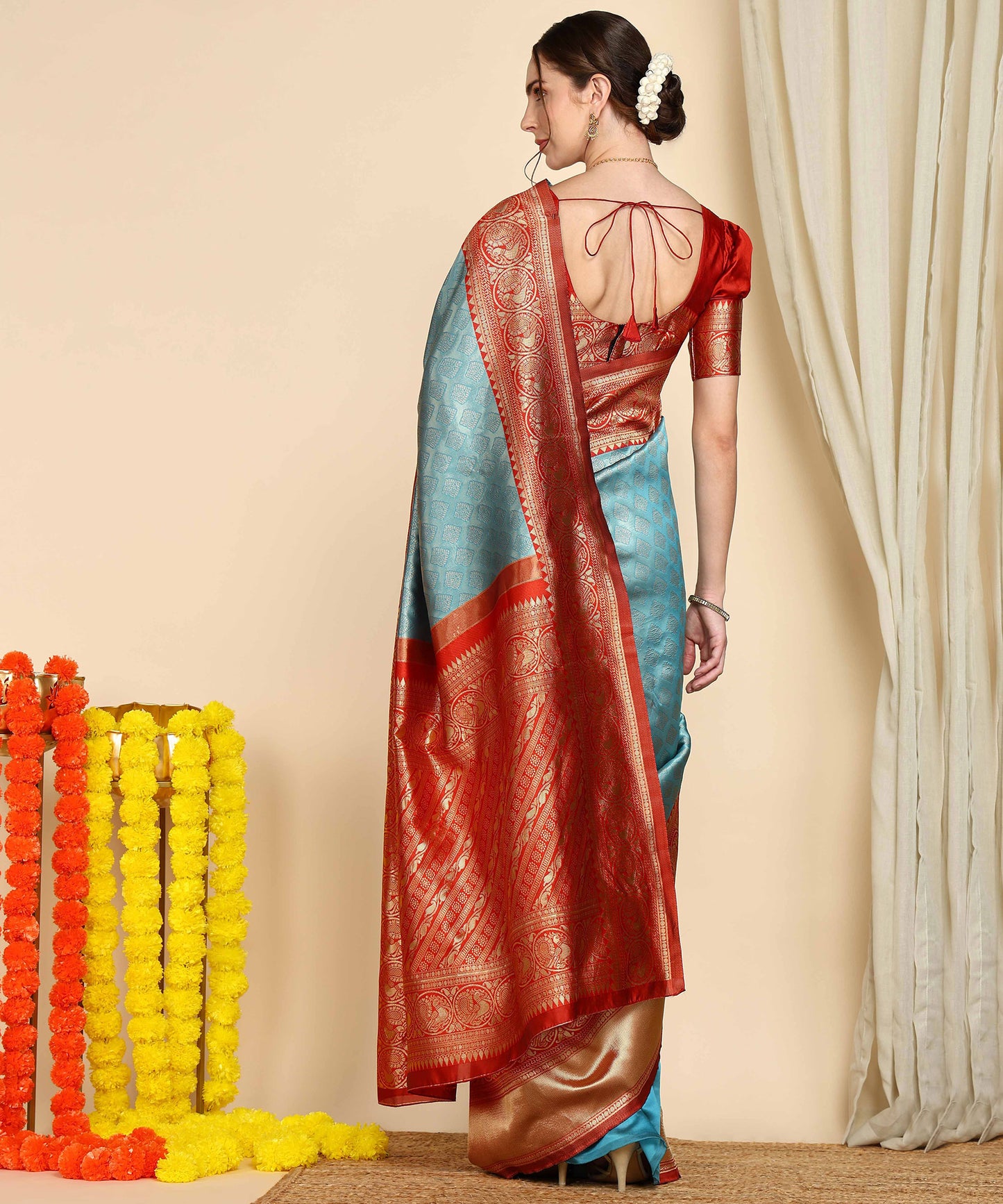 Sky Red Pure Soft Silk Saree With Engrossing Blouse Piece