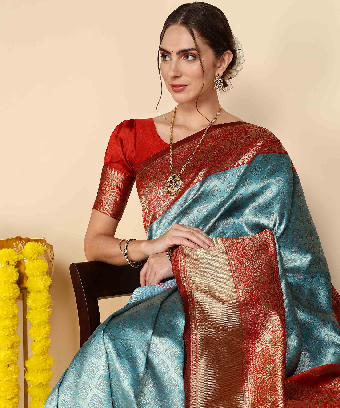 Sky Red Pure Soft Silk Saree With Engrossing Blouse Piece