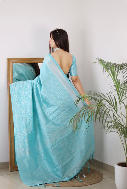 Sky Kanjivaram Pure Soft Semi Silk Saree With Unstiched Attractive Blouse Piece