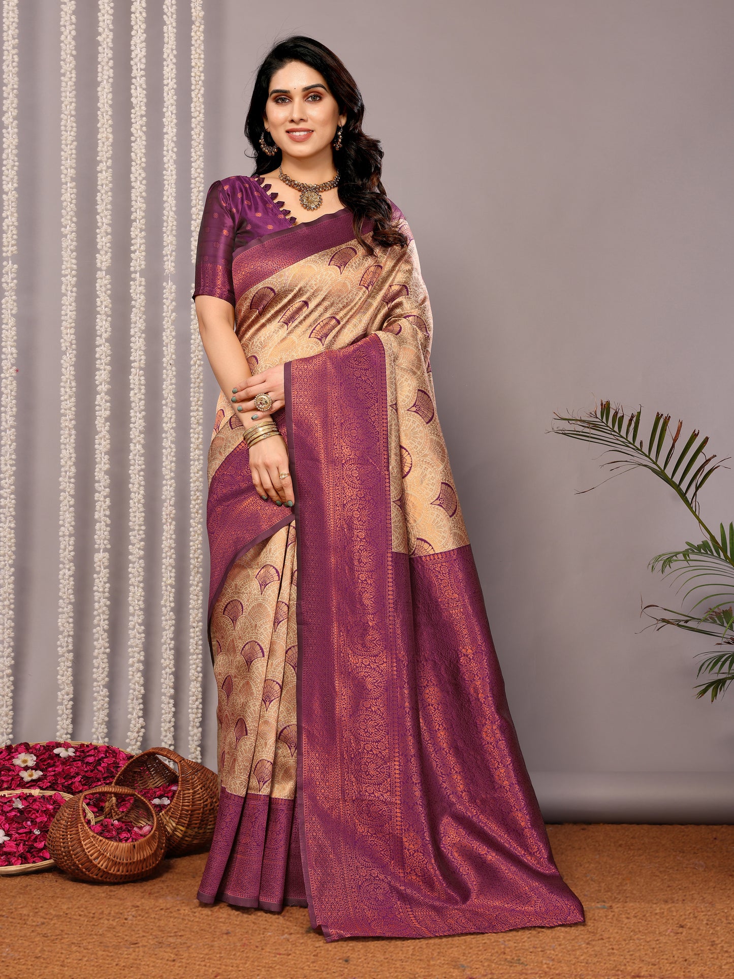 Cream-Wine Pure Soft Banarasi Silk Saree With Engrossing Blouse Piece