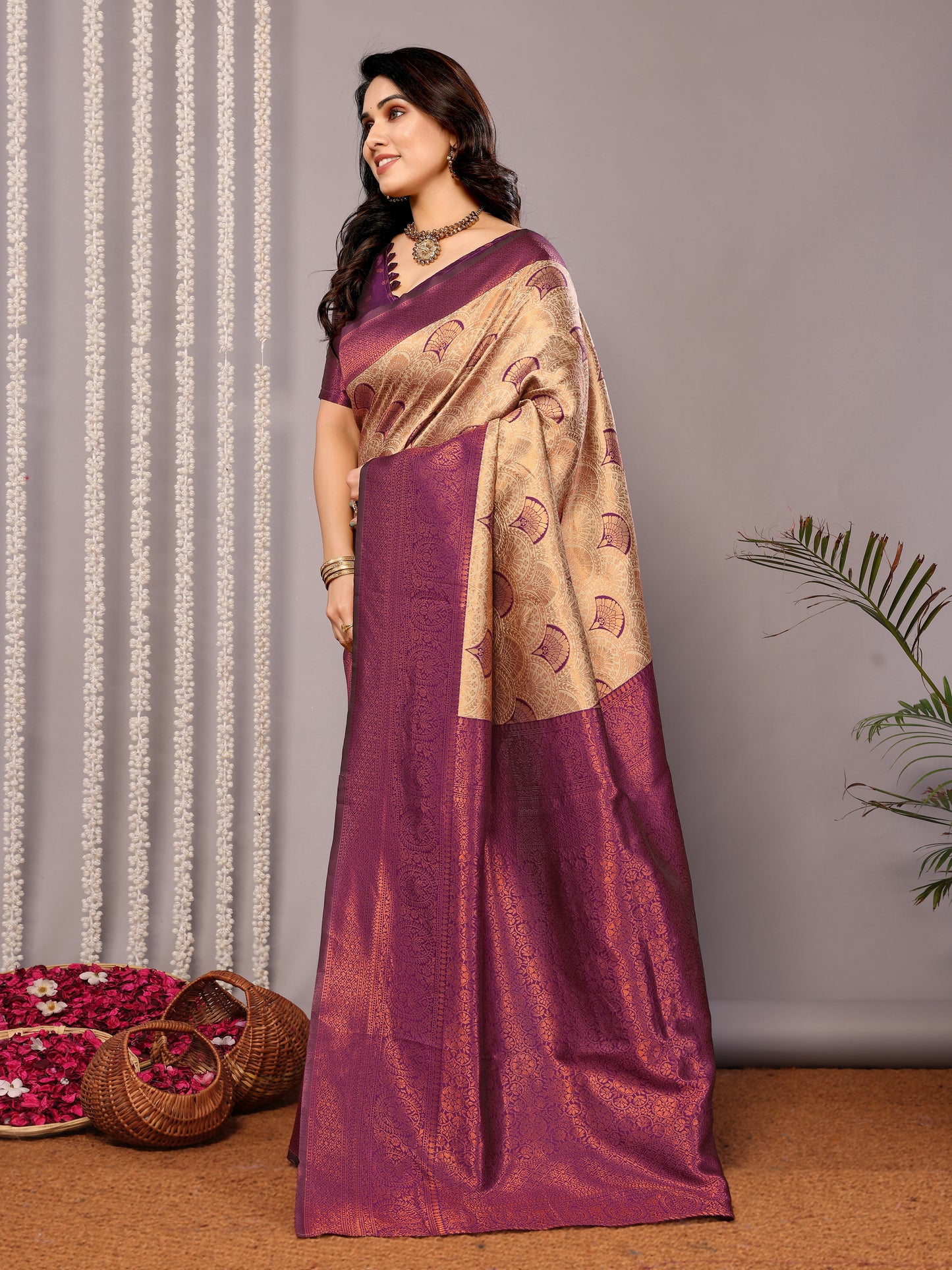 Cream-Wine Pure Soft Banarasi Silk Saree With Engrossing Blouse Piece